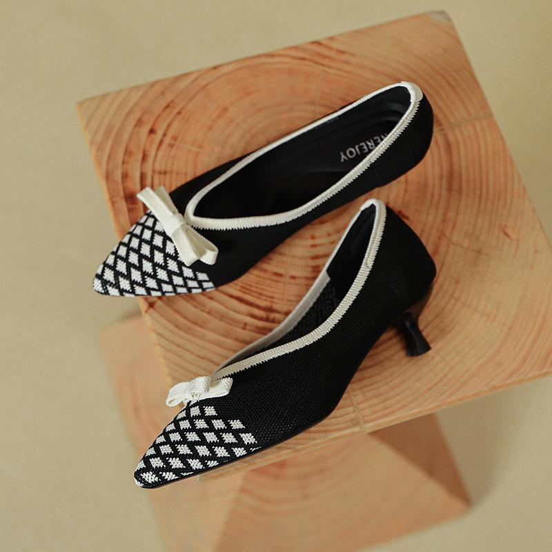 

Temperament bow new high heels women s knitted woven shoes square head light mouth cat heel single shoes 34