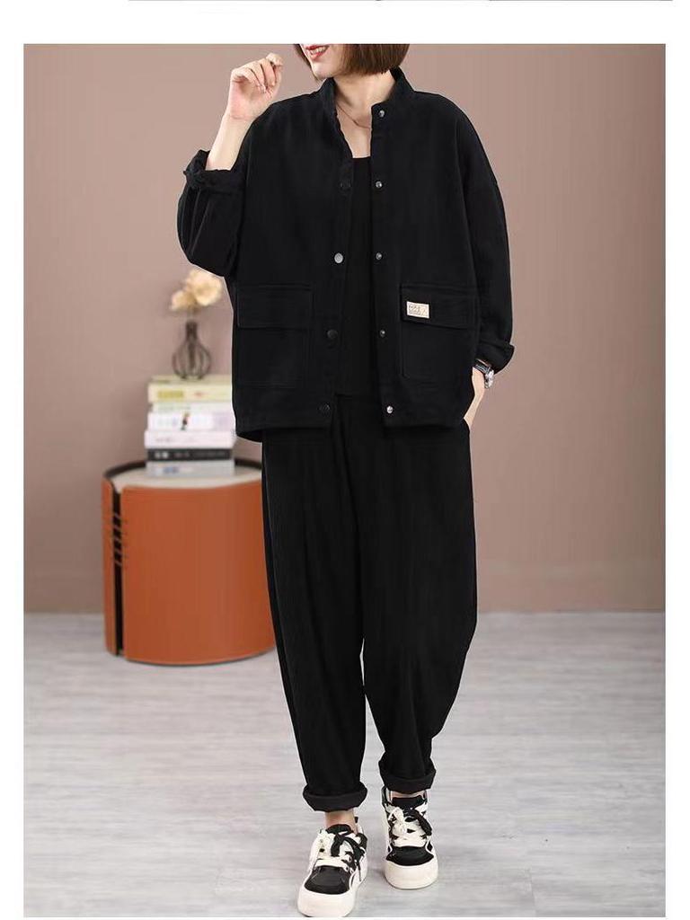 Damejakke i ren bomullsfleece med fôr - Plussstørrelse, Høst/Vinter, Casual løs passform, Kort cardigan, Ståkrage, Baseballstil.