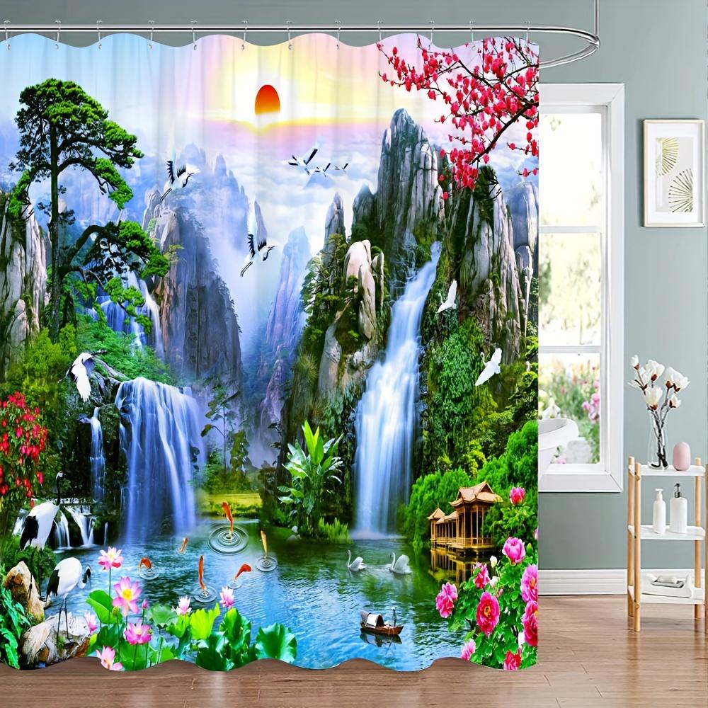 1pc Mountain And Water Scenery Shower Curtain, Sunrise Beautiful Rivers And Mountains Waterfalls Lakes Pine Trees Pattern 90X180CM
