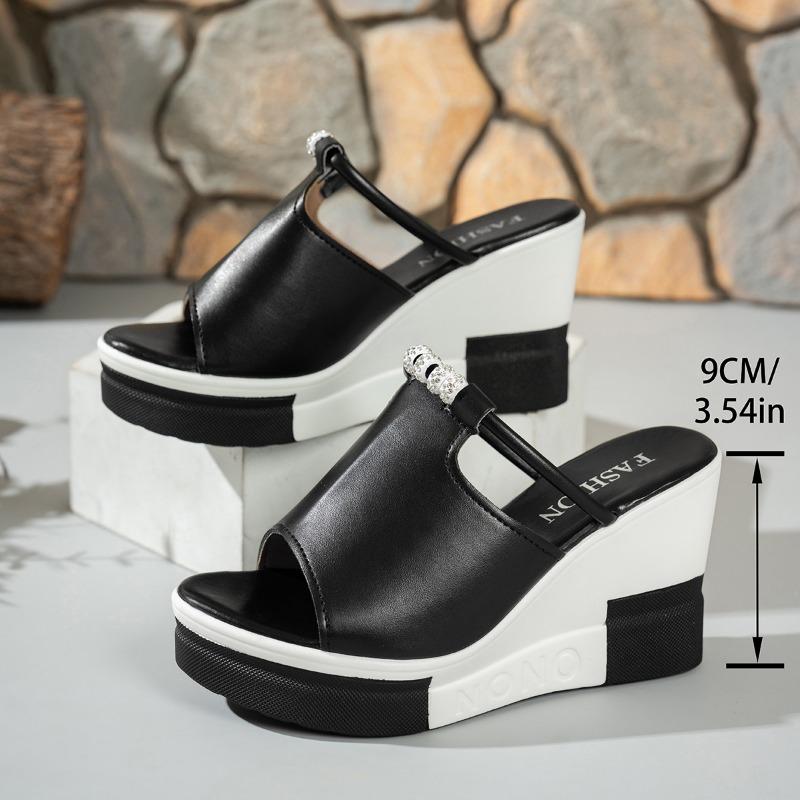 Summer New Cool Slippers Women's Rhinestone Wedge Heel Muffin Cool Slippers Thick-soled One-word Large-size Women's Shoes