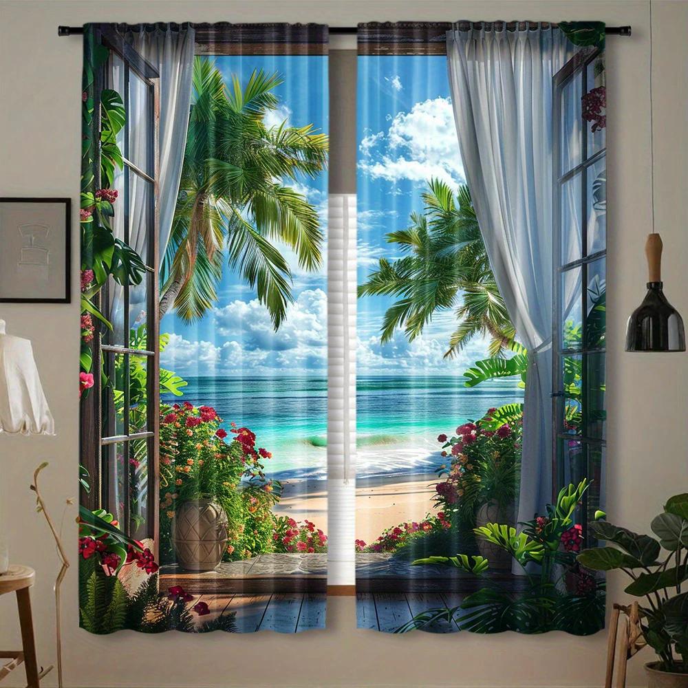 Fashionable Balcony Landscape Printed Curtains, Pole Bag Bedroom and Living Room, Home Decoration, Room Decoration