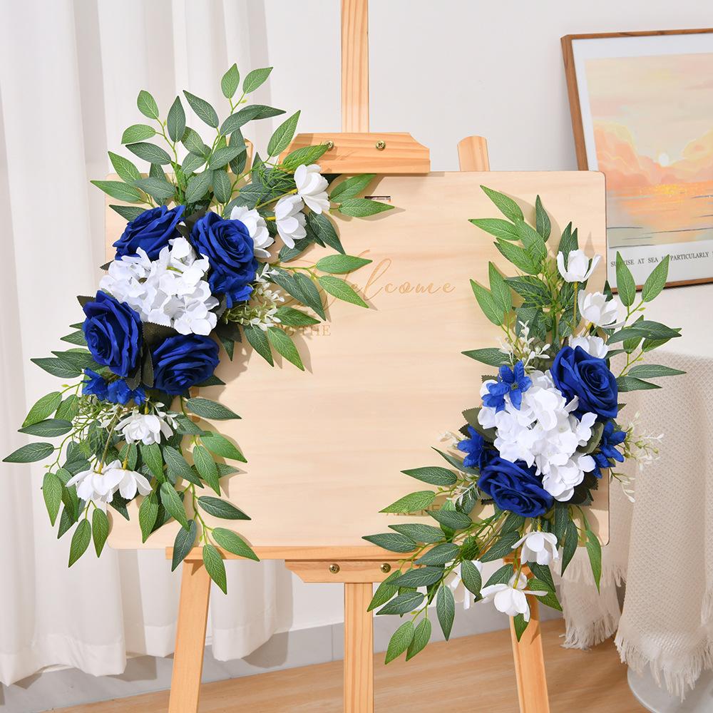 Искусственная арка Цветочная занавеска Газовая роза Парный цветок Имитация цветка Двухкомпонентное украшение для свадебного места синий