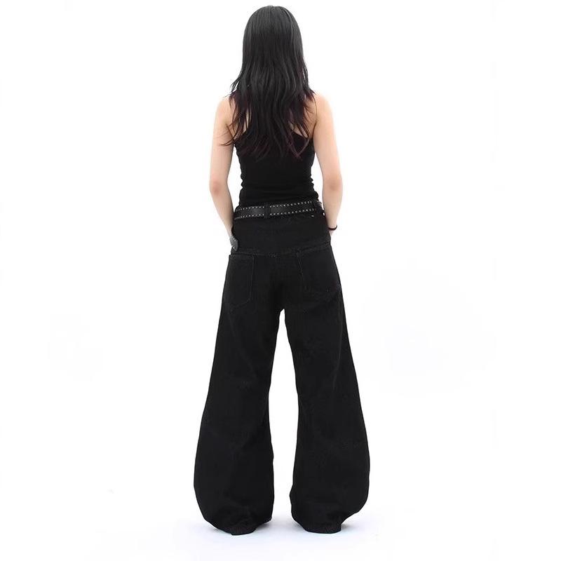Taku Valley Black Wide-Leg Cargo Pants: Multi-Pocket Streetwear Jeans for Spring & Autumn 2025.
