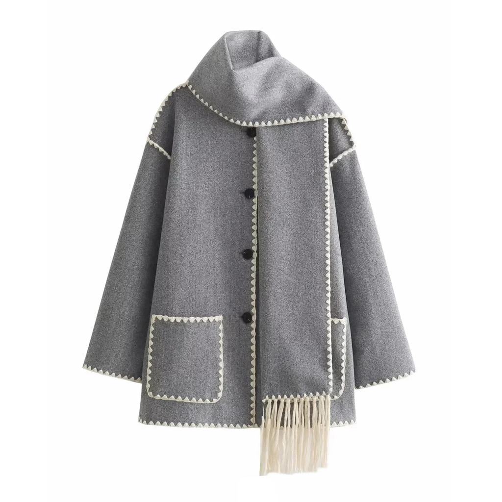 Fashion Scarf Collar Coat for Women Loose Winter Autumn Loose Jackets Elegant Tassel Streetwear Casual Chic Long Sleeve Jacket