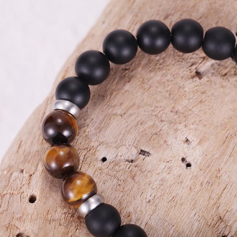 MATT STONE BRACELET     8mm Matt Onyx Stone Bead Bracelet with Reptile Design Lobster Lock, Brown Tiger Eye Stones