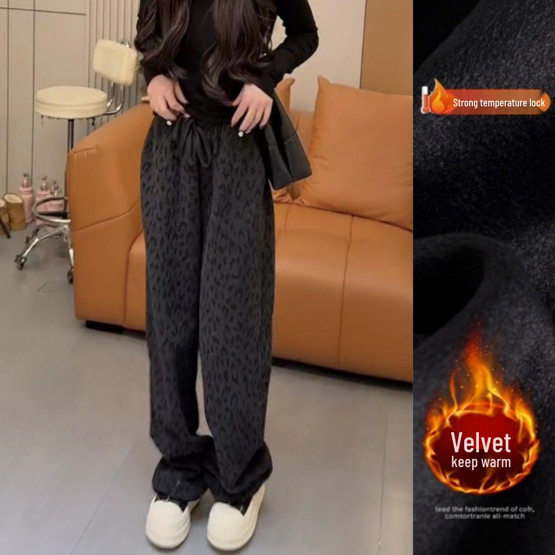 2025 Grey Fleece-Lined Leopard Print Wide-Leg High-Waist Casual Pants for Autumn and Winter S