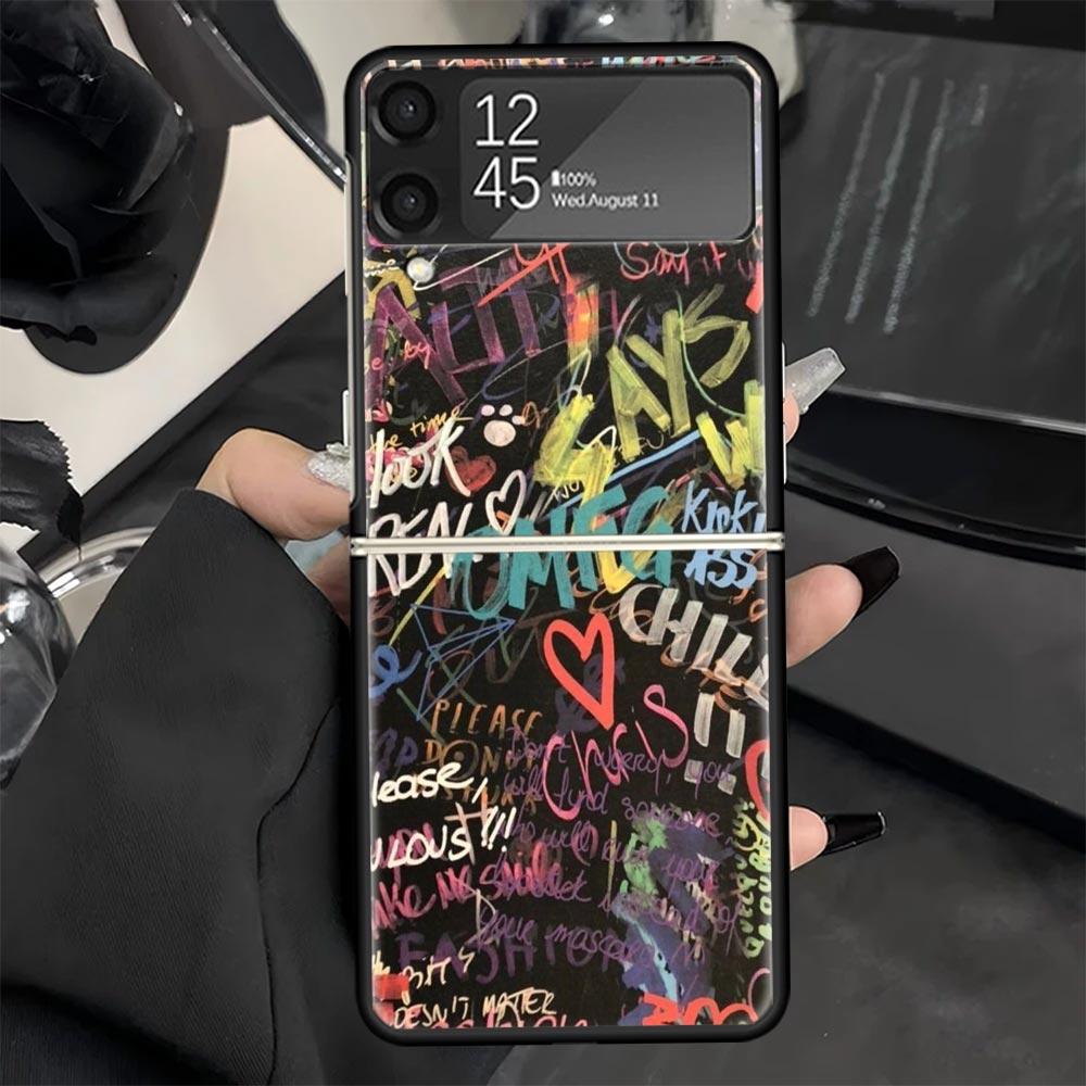 Graffiti Fashion Cool Phone Case for Samsung Galaxy Z Flip 7 6 5 4 3 5G Black Cover ZFlip7 ZFlip6 ZFlip5 ZFlip4 ZFlip3 Fundas Ga