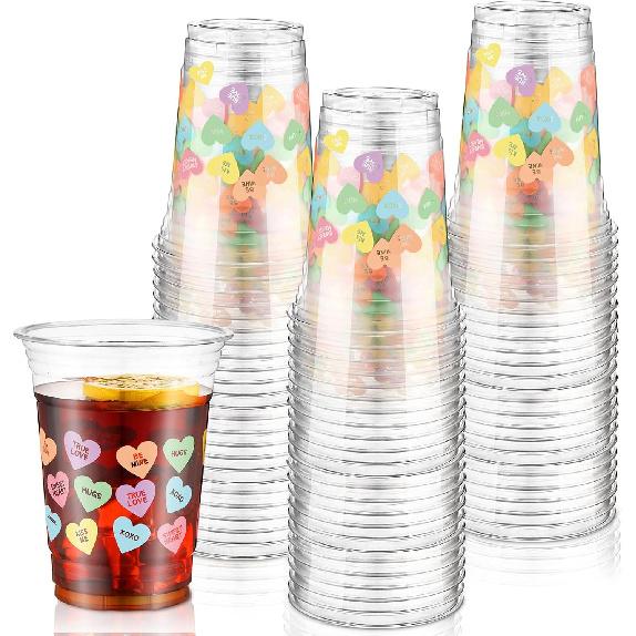 50 Pcs 16 oz Valentine s Day Conversation Heart Cups Heart Disposable Plastic Cups Romantic Conversation Heart Decoration Love Heart Cups for Dinner