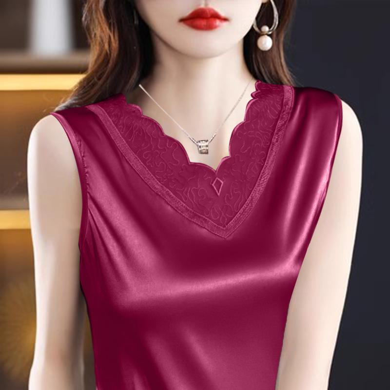 

Женская кружевная атласная майка: Топ-майка без рукавов из искусственного шелка на лето L красный