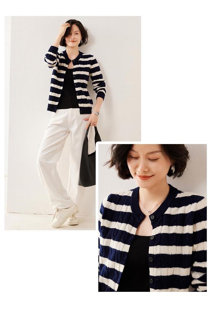 Women's Navy Style Pure Wool Color Block Stripe Cardigan Sweater
