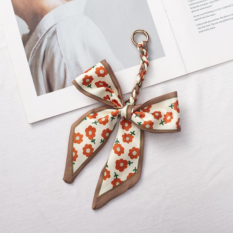 Silk Scarf Keychain with Horseshoe Buckle and Ribbon Bow for Bags and Cars
