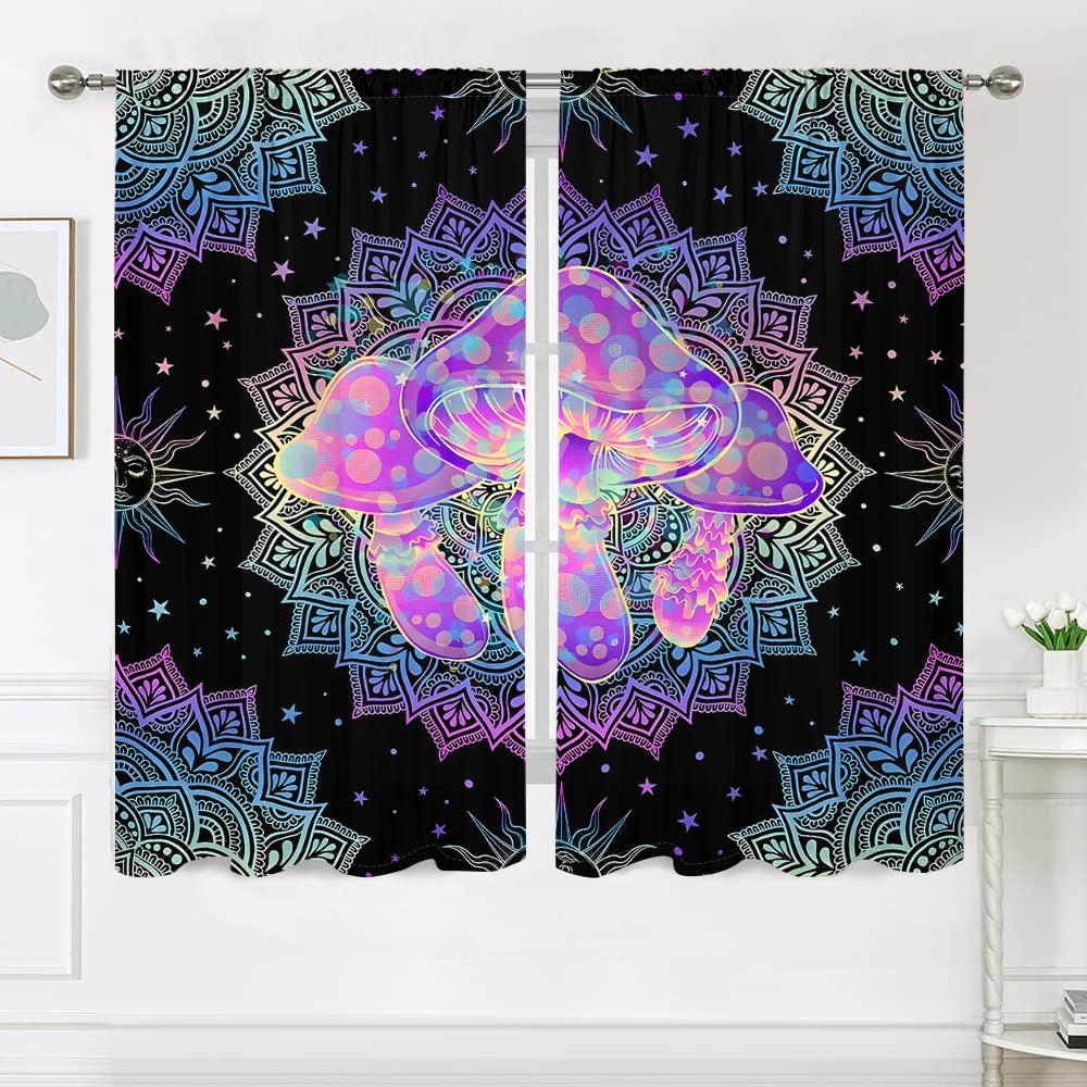 2 Pieces, Bohemian Mandala Psychedelic Mushroom Curtains -30% Blackout - Suitable for Living Room, Bedroom and Home Decoration.