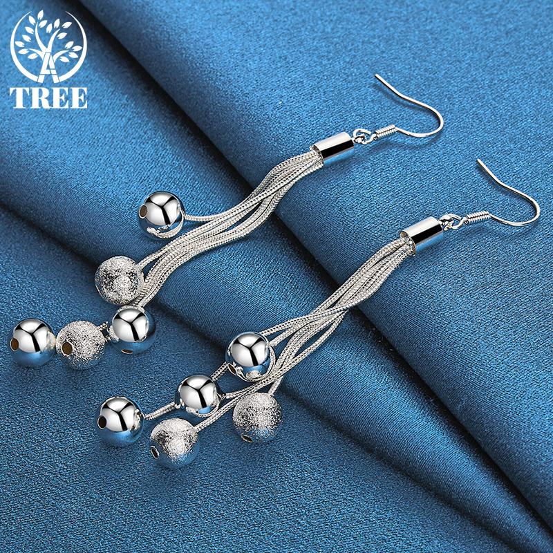 925 Sterling Silver Five Line Snake Chain Beads Drop Earrings Jewelry