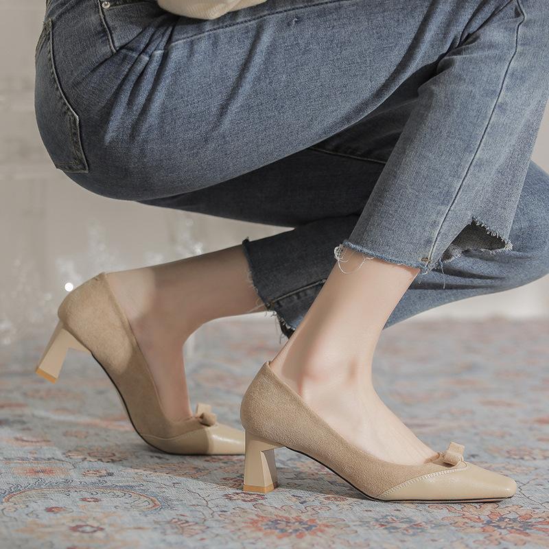 2024 Women High Heels Shoes Red Wedding Bow Tie Female Shoes Fashion Party Sexy Square Toe French Women Shoes Zapatillas Mujer