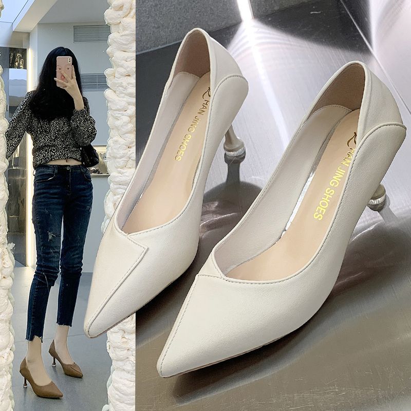 3Cm Not Tired Feet Soft Leather High Heels Women's 2025 French Stiletto 5 Pointed Middle Heel Single Shoes Versatile Work Shoes