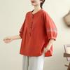 Fat Mama Plus Size Women's Ethnic Cotton Linen Button-Up Shirt - Round Neck, Loose Fit for Spring/Summer, Ideal for Middle-Aged and Elderly.