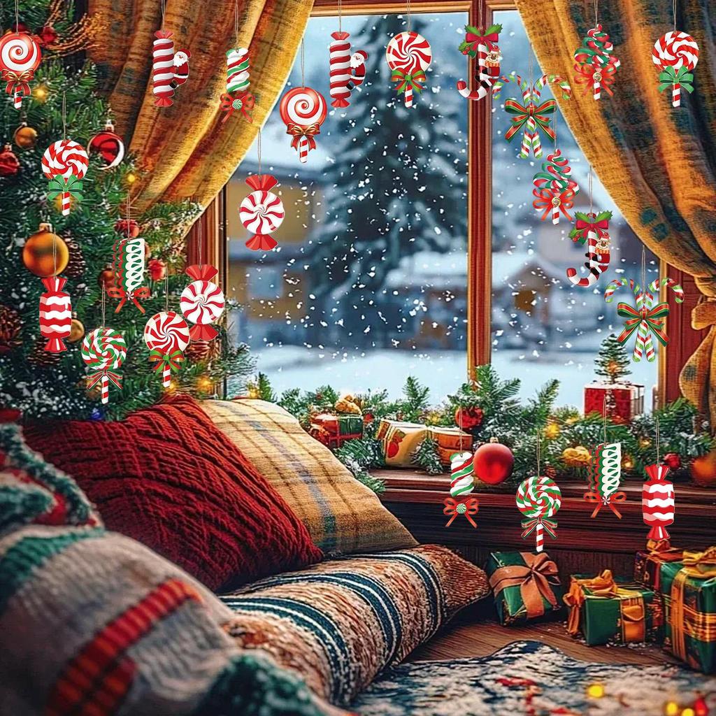 24pcs Christmas Candy Pendant Wooden Lollipop Cane Christmas Tree Decorations Mini Cane Candy Peppermint Candy Ornaments