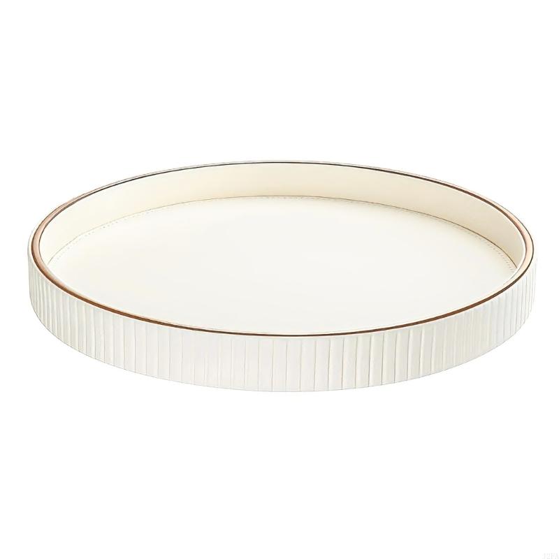 

Elegant Round Leather Jewelry Display Tray For Home Decor With Gold Trim And Raised Edges Preventing Item Slips