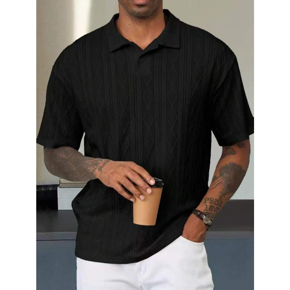 Vintage-style loose-fit textured knit polo shirt for men: collared T-shirt, breathable short-sleeved top