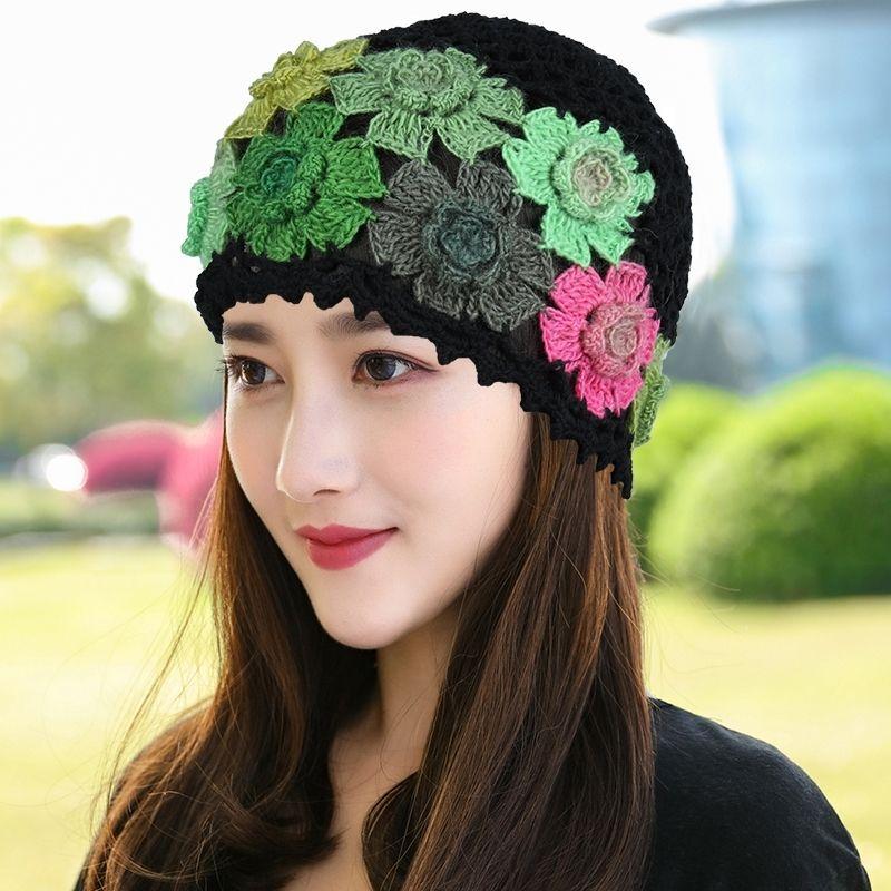 Women's Handmade Knitted Flower Turban Single Layer Hollow Mesh Gradient Color Elegant Artistic Ethnic Style Hollow Hat