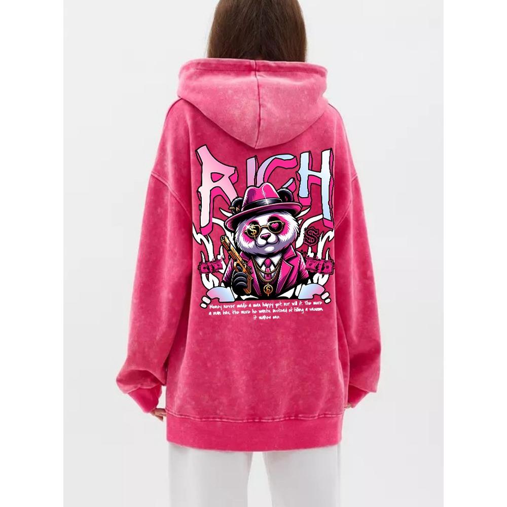 Vintage Womans Acid Wash Hoodies Rich Cartoons Panda Printing Pullovers Pocket Oversize Cotton Hooded Clothes