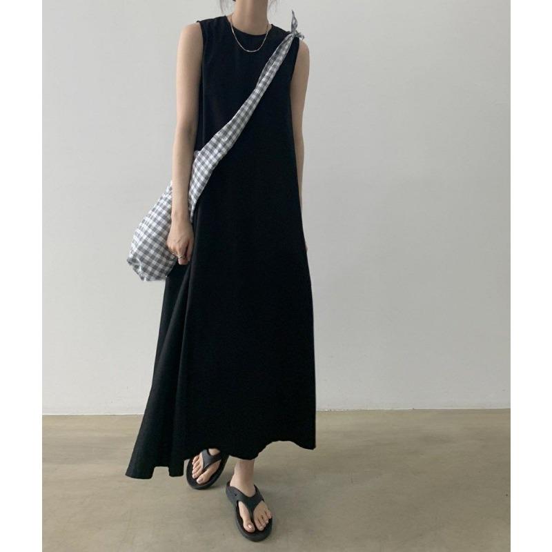 Women Summer Vintage Cotton and Linen Long Tank Dress Sleeveless Loose Waist Large Hem Round Collar Midi Sundress