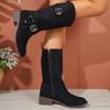 Fashion Western Retro Buckle Cowboy Boots for Women Faux Suede Hollow Out Riding Boots Woman Spring Autumn Square Heels Mid Calf Botas