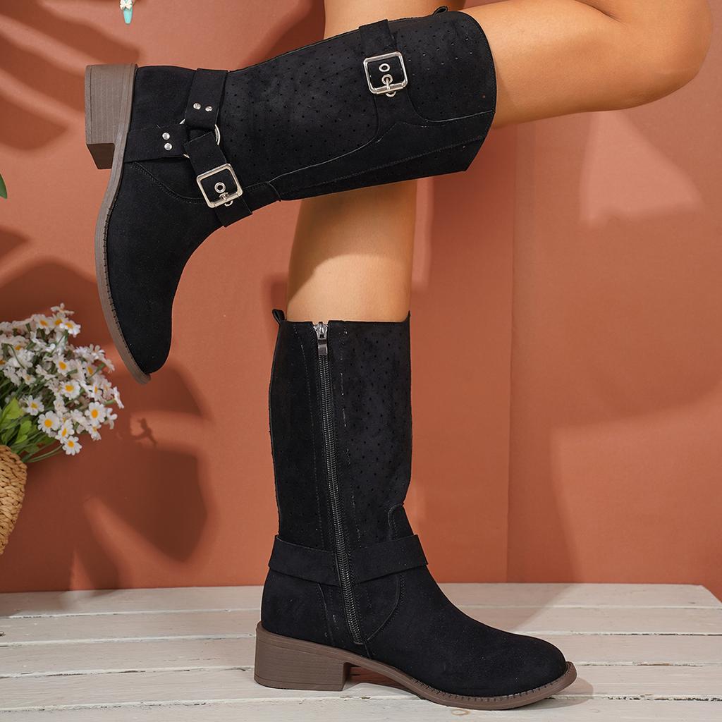 Fashion Western Retro Buckle Cowboy Boots for Women Faux Suede Hollow Out Riding Boots Woman Spring Autumn Square Heels Mid Calf Botas