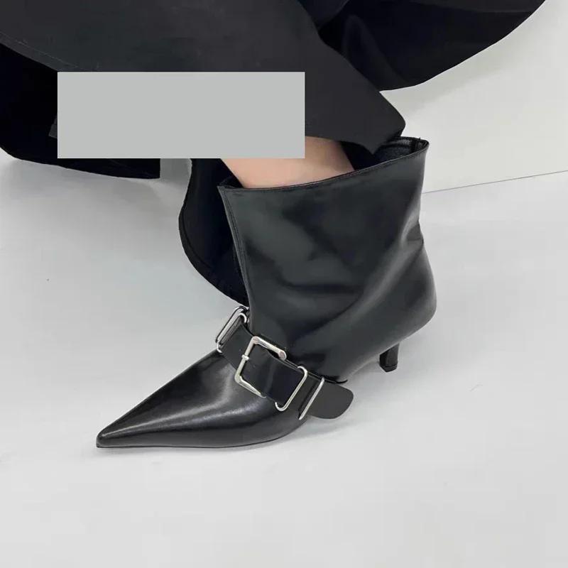 Pointed Toe Metal Buckle Strap Short Boots for Female Women Thin High Heel 2024 New Leather Fabric Elegant Sexy Winter Shoes