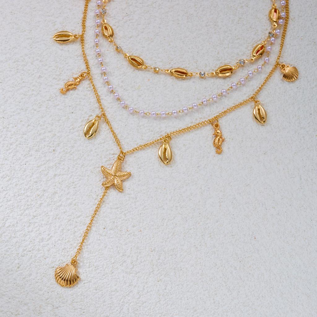 Boho Multilayer Starfish Shell Seahorse Pendant Long Necklace For Women Imitation Pearl Beaded Choker Beach Party Jewelry Gifts