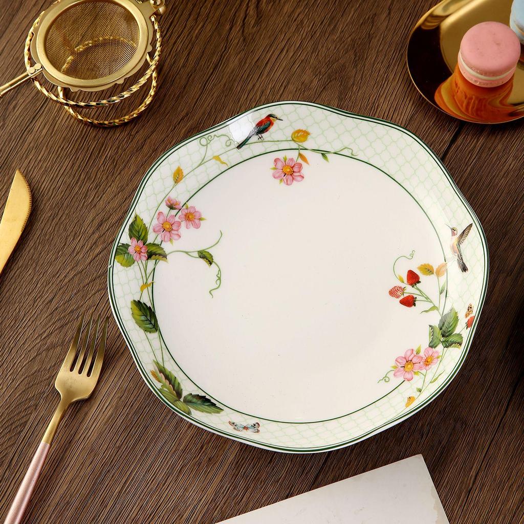 Wild Strawberry Bone China Tableware Set: Ceramic Bowls, Plates, Coffee Cups, and Tea Accessories.