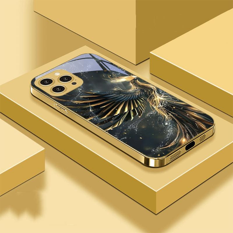 Złoty Feniks Rozwijający się Dla IPhone 16 Pro Max 15 P Ro 14 13 Plus 12 Mini 11Pro Max XS Max XR Złote Hartowane Szkło Etui na Telefon