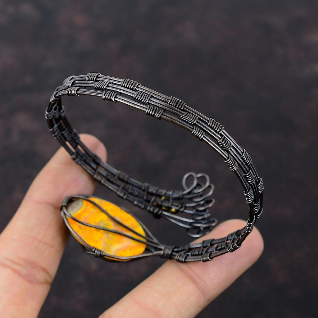 Hummel Jaspis Edelstein Armreif Kupferdraht gewickelt Manschettenarmband Handarbeit Schmuck Verstellbarer Armreif Kupferdraht Wickelschmuck Geschenk für Sie