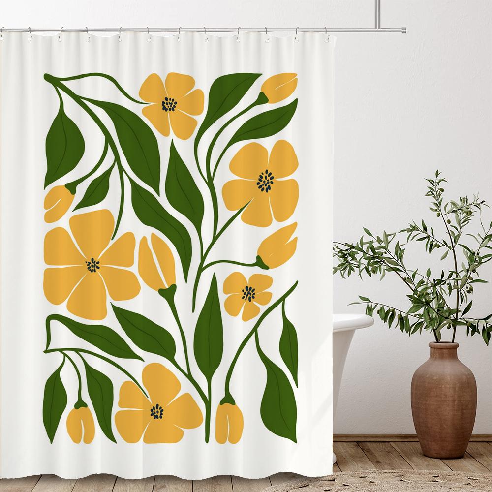 Artistic Abstract Plants and Flowers Print Shower Curtain Polyester Fabric Bath Curtain With Hooks Curtains For Bathroom Decor