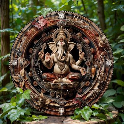 2D Flat Print, Elephant Themed Wreath Decoration, Round Ganesha Wooden Decor Sign, for Home, Cafe, Perfect Holiday Gift