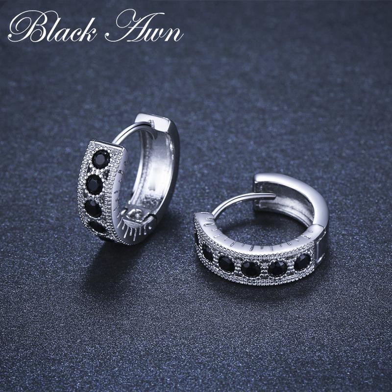 BLACK AWN Exquisite Small Round Hoop Earrings Black Stone Earrings for Women Hoop Earring Jewelry