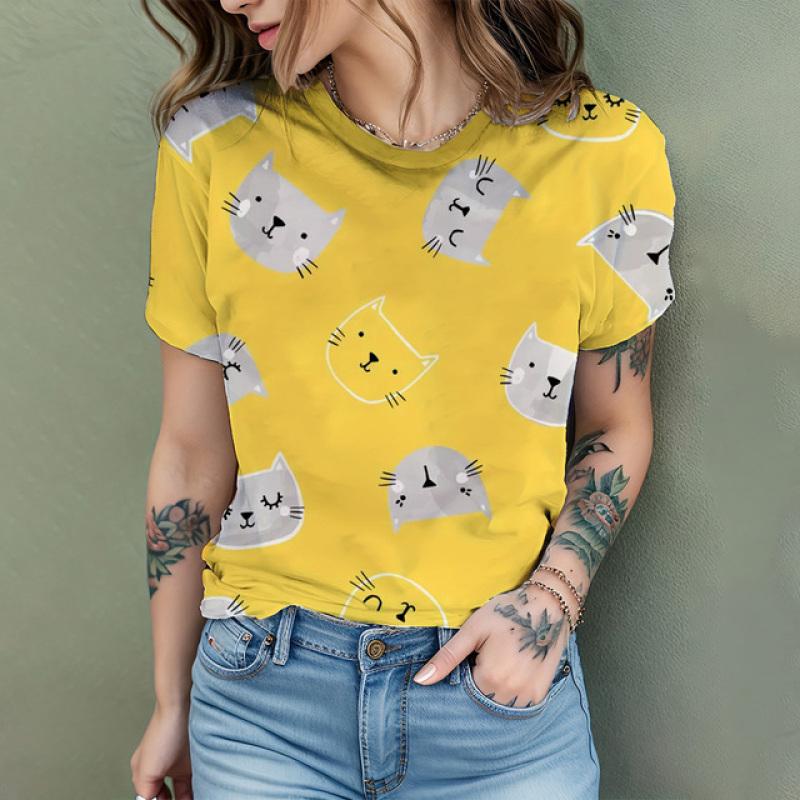 Women's T Shirt Comic Cat 3D Print Harajuku Summer Short Sleeve Top O Neck Casual Women's Oversized T Shirt Coolred Short Sleeve