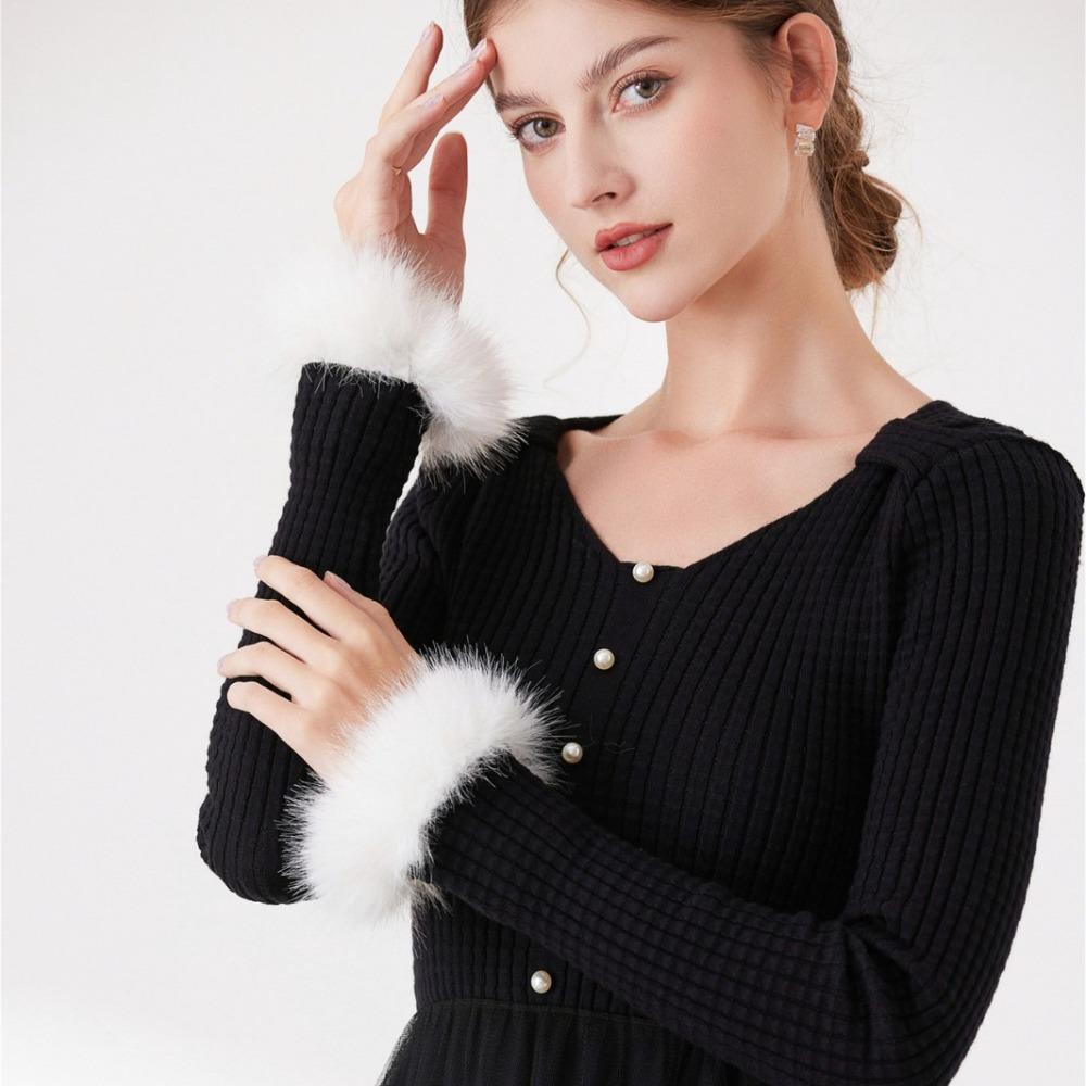 Manchettes amovibles tendance pour femmes Blanc/Noir Manchettes longues en peluche Automne Hiver Chaud Coupe-vent