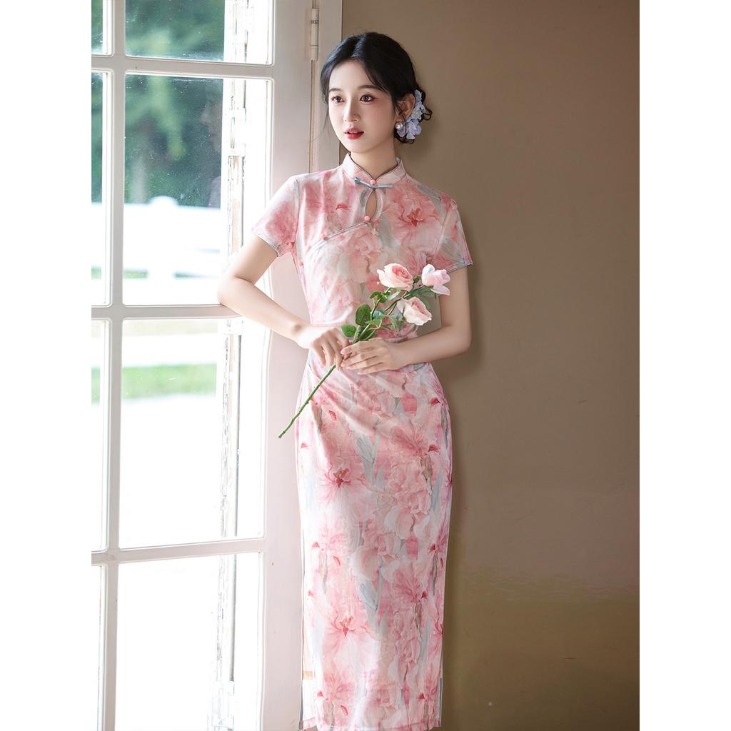 New Chinese-style pink waist cheongsam dress, young girl temperament elegant daily engagement high-end atmospheric summer