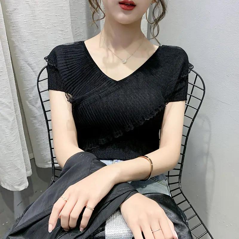Summer New Gauze Ruffles Design Sense V-neck Ice Silk T-shirt Women Solid Short Sleeved Tops