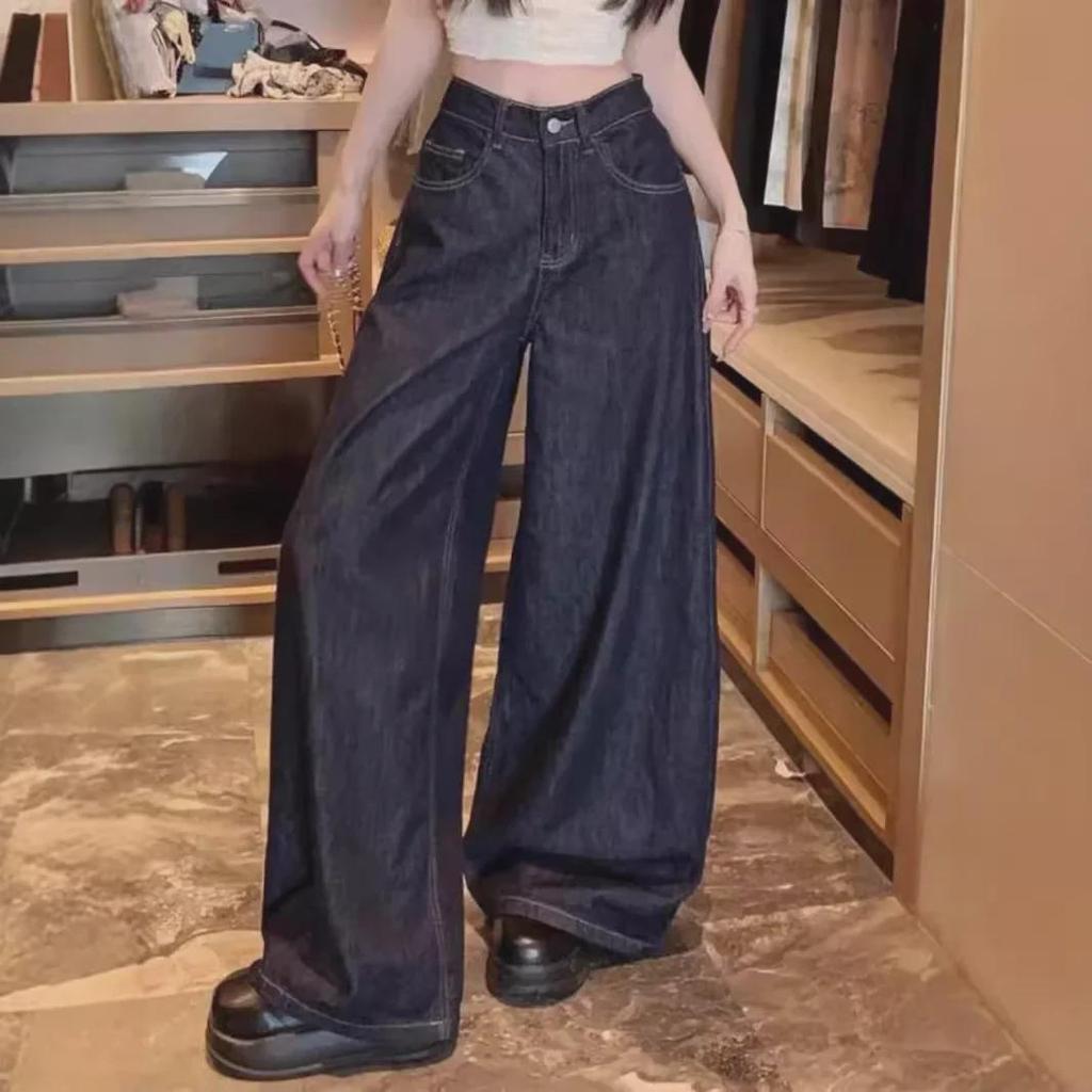 Women's Dark Blue Wide-Leg Jeans, High Waist, Slim Fit, Loose Mopping, Autumn 2024 Collection
