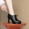Frühling Herbst Weiches Leder Weiche Sohle Vielseitige Mode Bequeme High Heels Schnürschuhe mit tiefem Mund Damen Lederschuhe