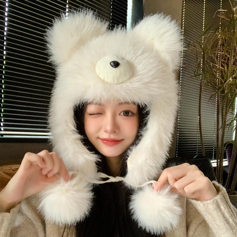 Cute plush bear hat women's winter thickened warm versatile pullover hat shows small face and cold protection ears