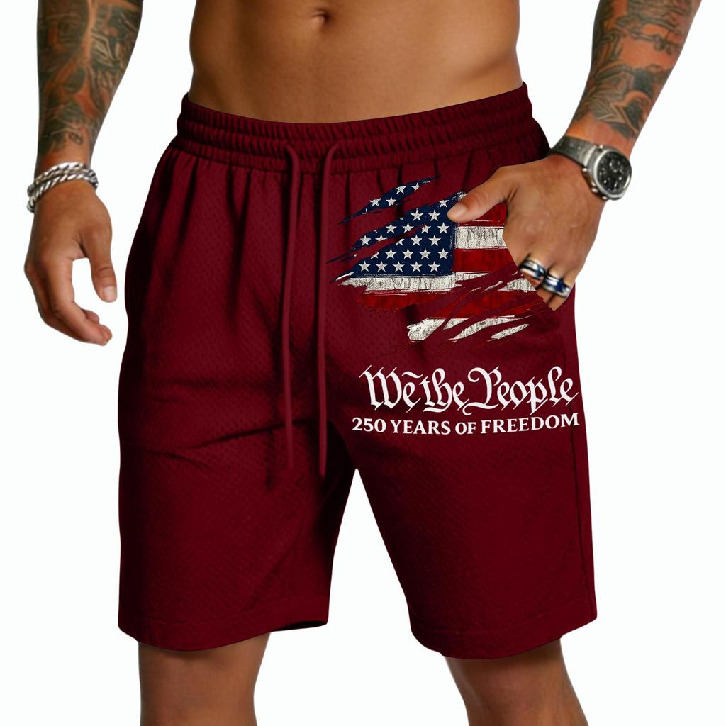 Pantalones Cortos de Malla para Hombre con Cintura de Cordón y Gráfico de Bandera We The 250 Años de Estilo Holgado