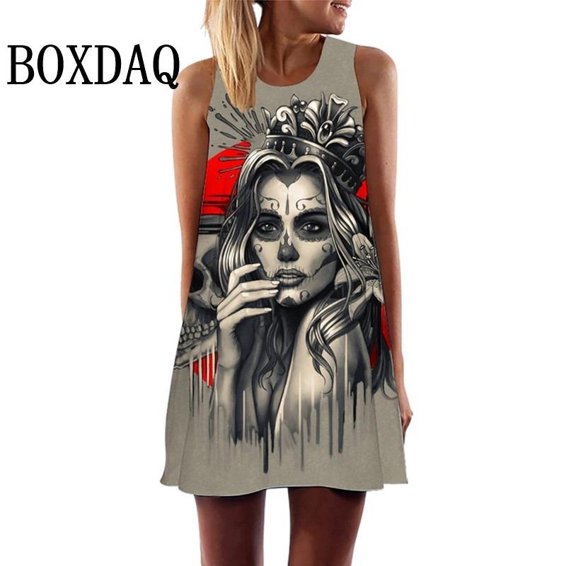 Vintage Skull Face 3D Print Women's Dress Summer Fashion O-Neck Sleeveless Mini Dresses Casual Vest Ladies Punk Streetwear