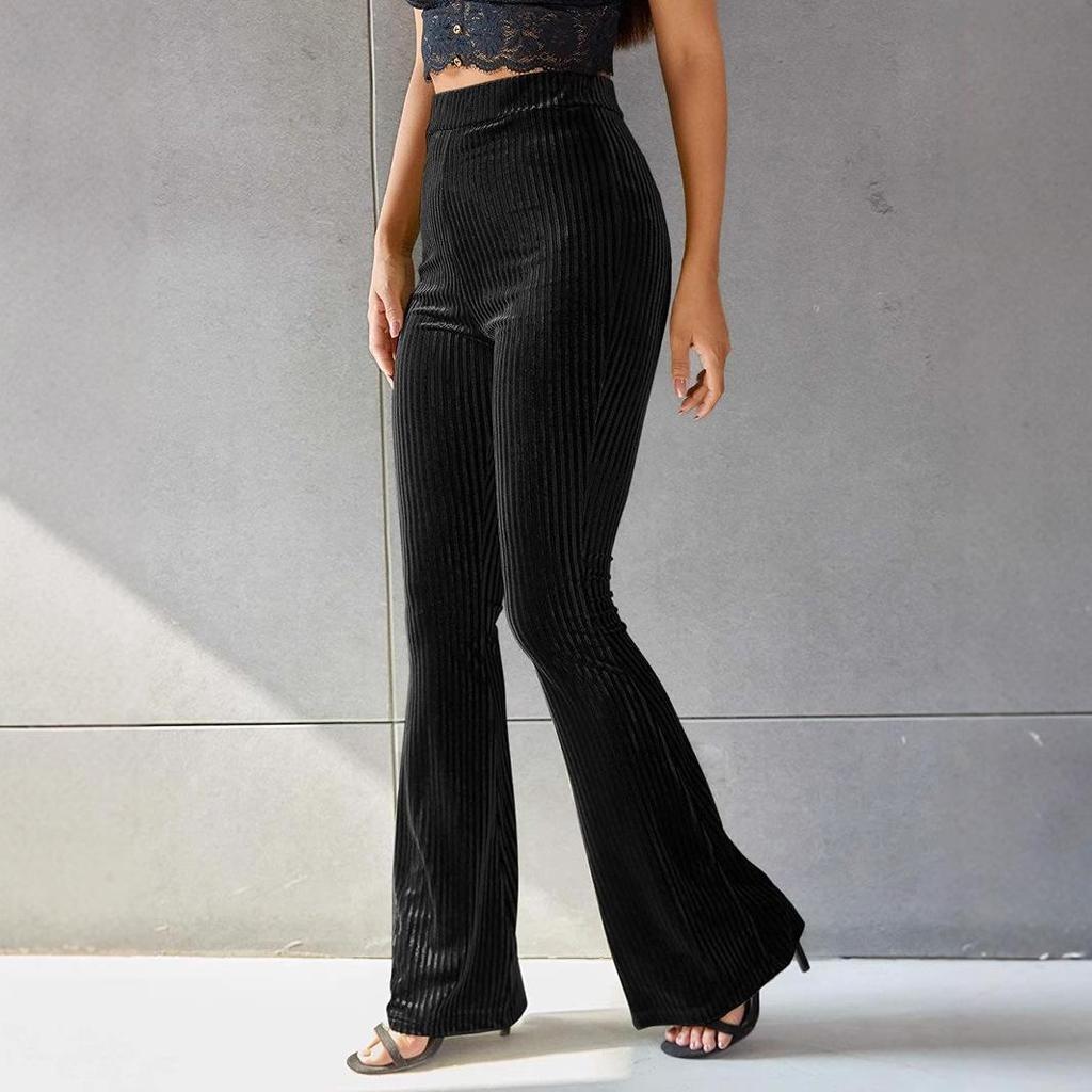 Women's Fashion Sexy High Waist Gold Velvet Ribbed Flared Pants