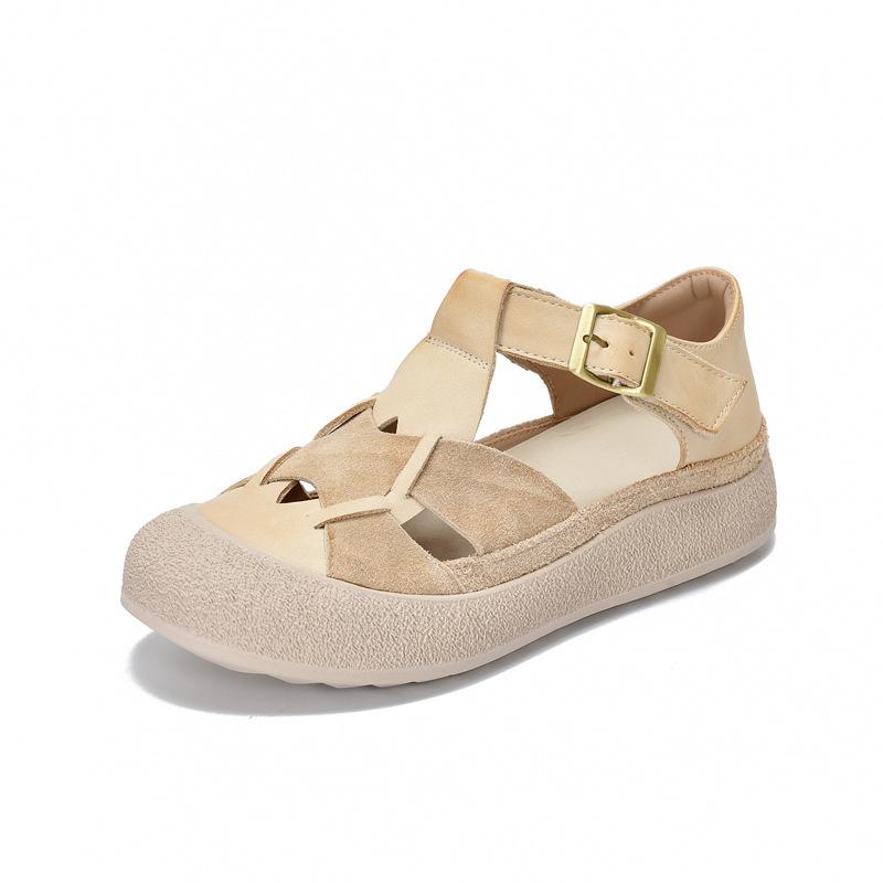 Johnature Okrúhle špičky Duté Ploché Sandále Pravá Koža Priedušné A Pohodlné Dámske Topánky