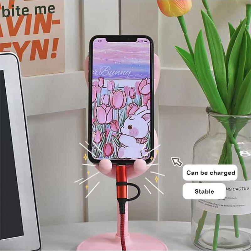 Rosa Telefonhalter Desktop-Handyständer für iPhone 13 14 Samsung Smartphone Einstellbar Schöne Kaninchen Cartoon Tischstütze