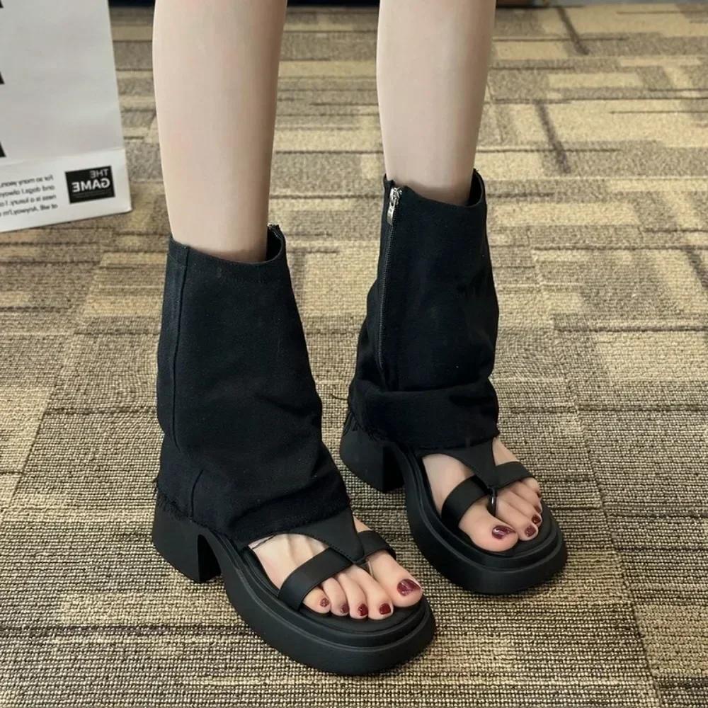 

Модные весенние и осенние новые женские сапоги с открытым носком 2024 года, модные женские короткие сапоги для активного отдыха, женские сандалии корейского дизайна 40 чёрный