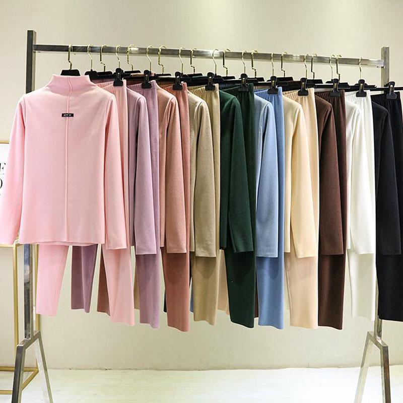 Double-sided Velvet Two Piece Set Autumn Clothes and Pants Women's Half High Neck Warm Long Sleeved Top Solid Color Undershirt Autumn and Winter